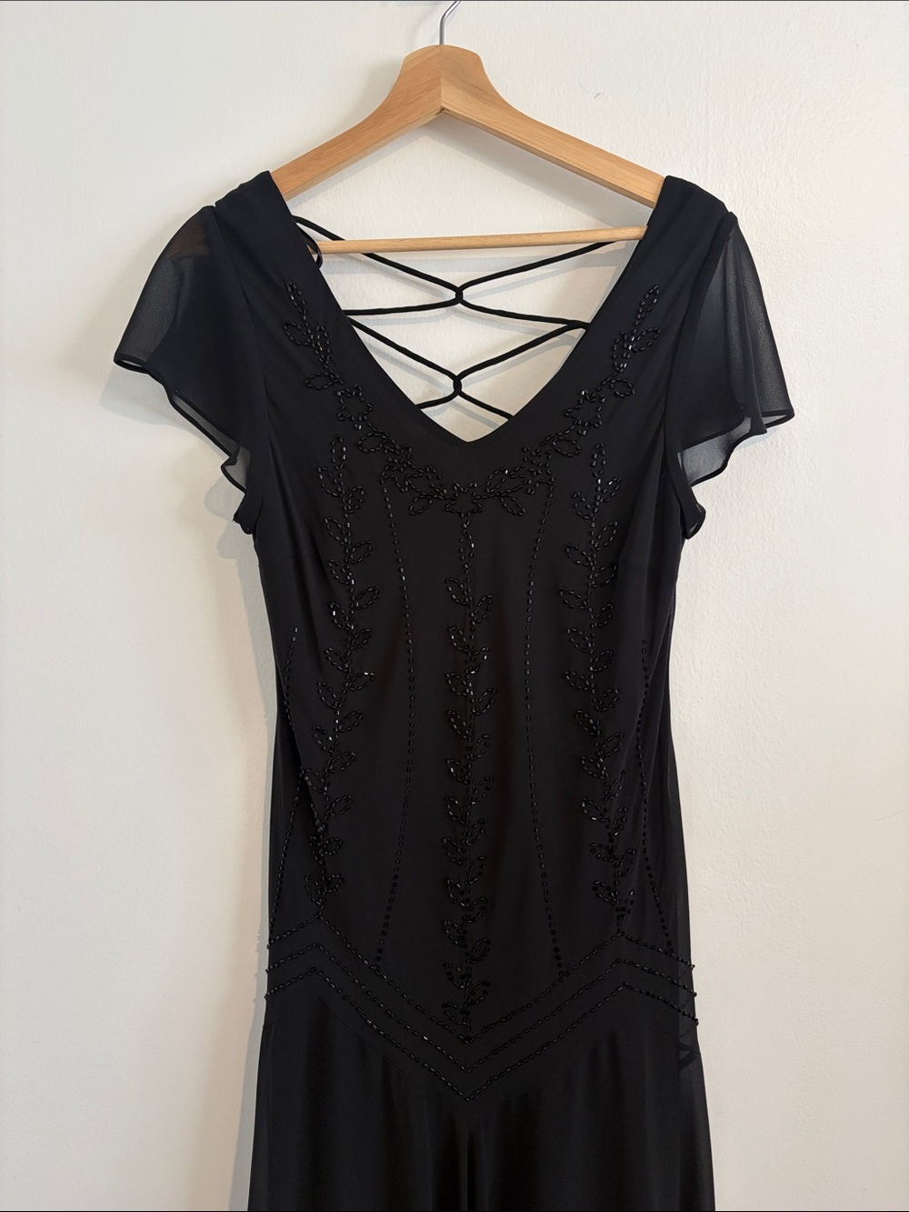 SL Fashions Black Beaded Asymmetrical V-Neck Dress
